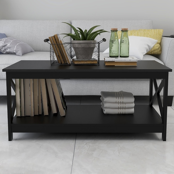 Coffee Table 39.56 in. L, X leg End Table with Bottom Shelf, Black
