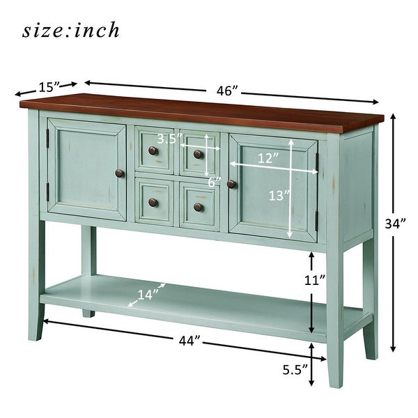 Wooden Console Table with 4 Storage Drawers and 2 Cabinets, Sofa Table with Bottom Shelf and Solid Wood Legs, Retro Blue
