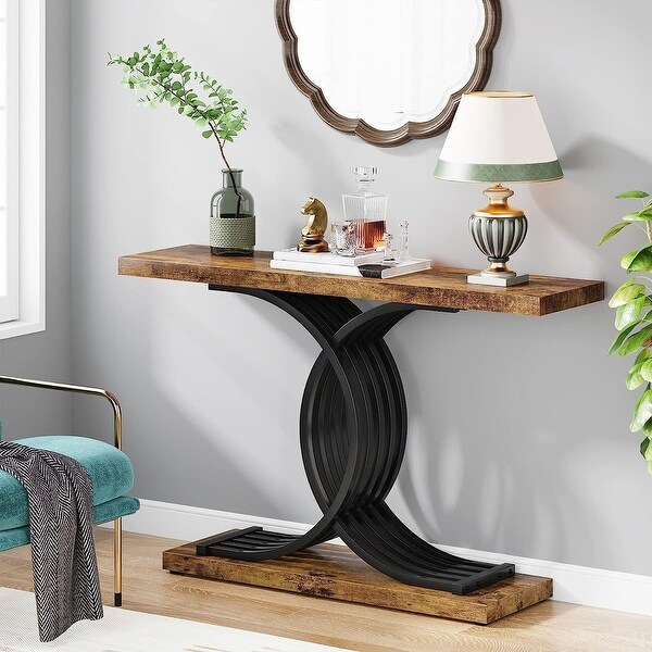 Console Table, Faux Marble Hallway Table with Geometric Metal Legs - 11.81