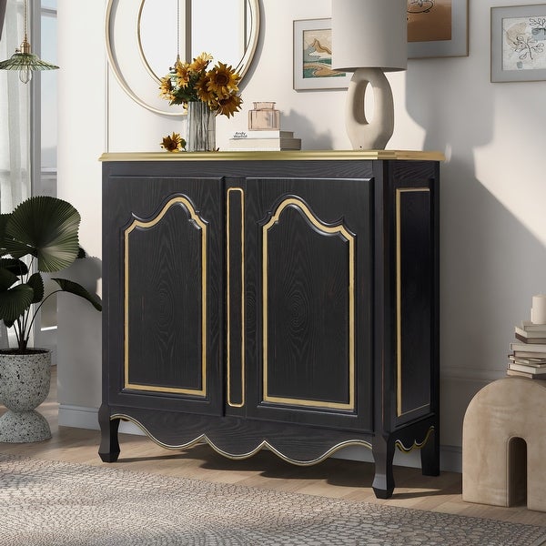 Accent Storage Cabinet with 2 Doors,Pure Hand Drawn,Solid Wood Legs