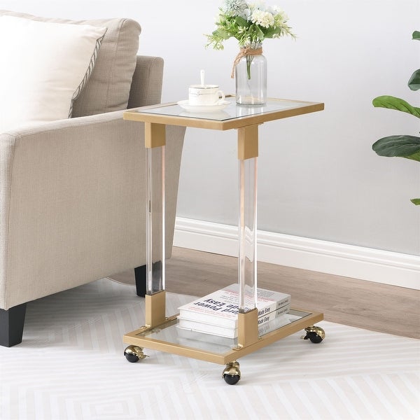Glass Top C Shape Side Table with Wheels Acrylic Plant End Table for Living Room,Bedroom,Small Spaces