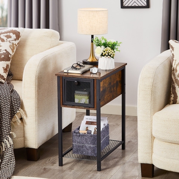 Set of 2 Flip Top Side Table with 1-Drawer and Steel Mesh Shelf ,Slim Sofa Table, Rustic Brown