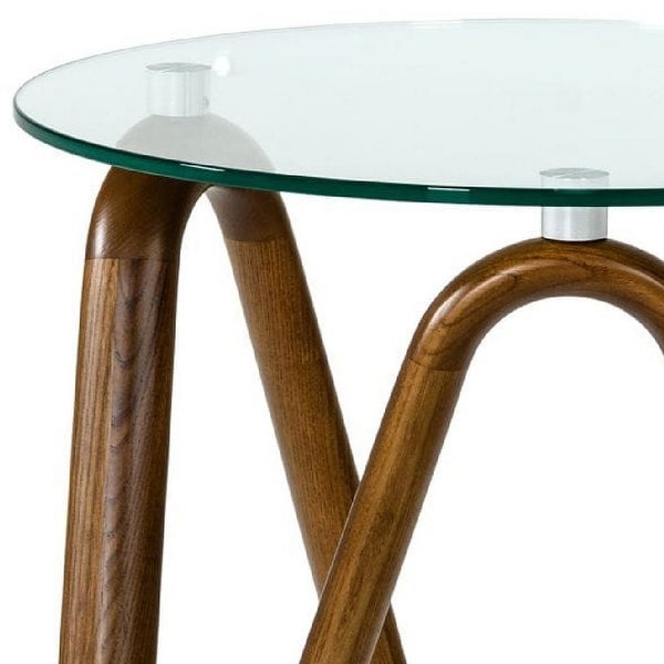 Cid 20 Inch Modern End Side Table, Glass Top, Artisanal Wavy Base, Walnut