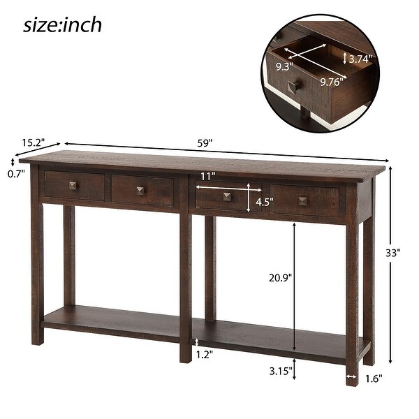Rustic Brushed Texture Console Table with 4 Drawers and a Open Bottom Shelf, Classic Wood Entryway Table for Living Room, Entryway
