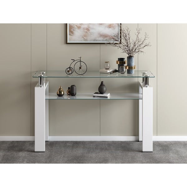 Tempered Glass Top Rectangular Double-Layer Console Table with MDF Legs, For Living Room, Foyer Console Table