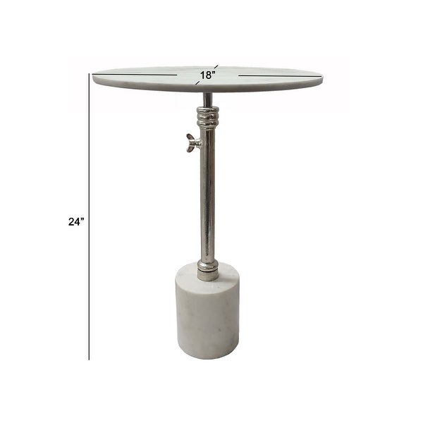 24 Inch Side Table, Aluminum Frame, Smooth Marble Top, Pedestal Base, White