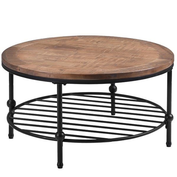 Round Console Table with a Storage Shelf and Solid Iron Support Base, Classic Rustic Coffee Table for Living Room, Easy Assembly