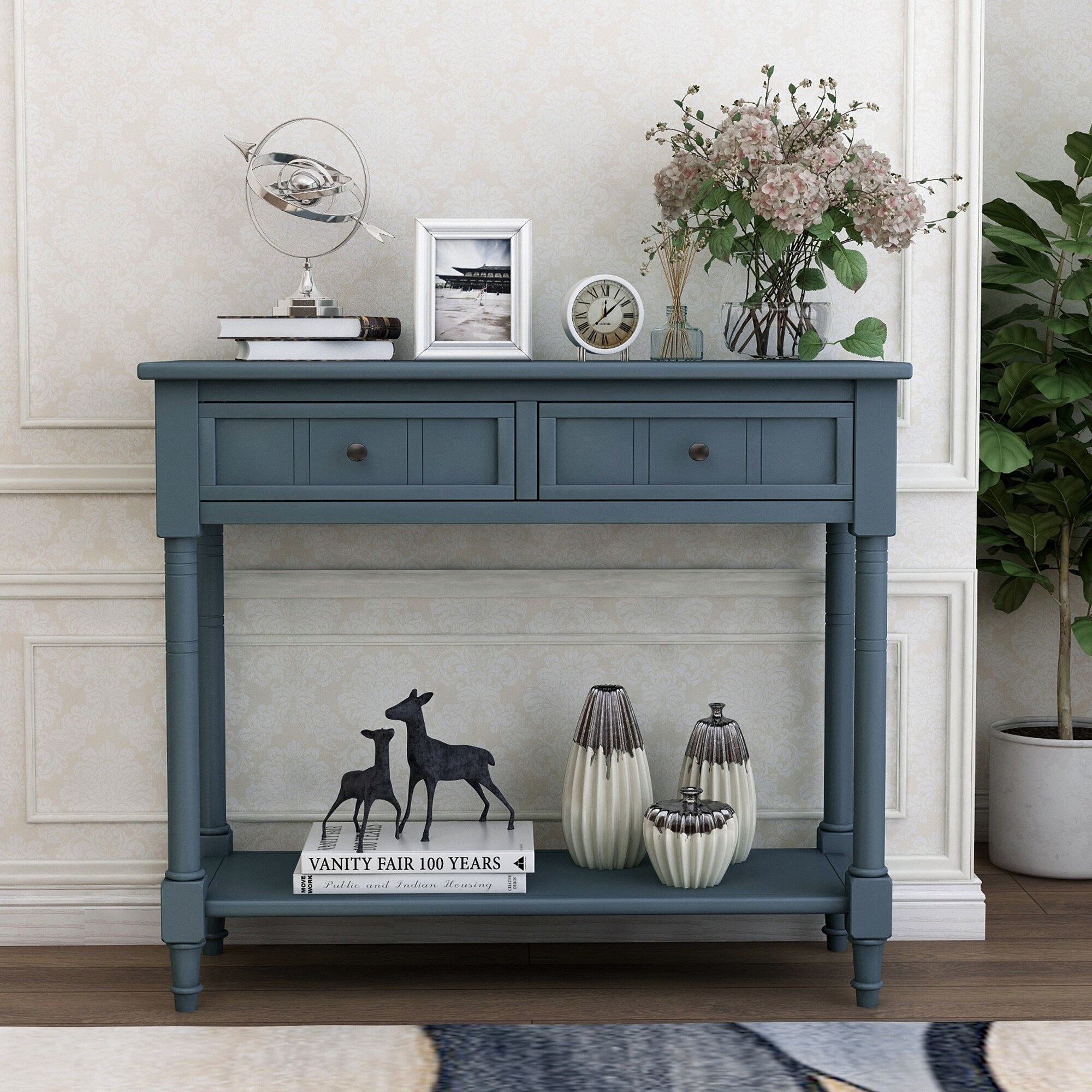 Traditional Console Table with Two Drawers, Sofa Table with Bottom Shelf