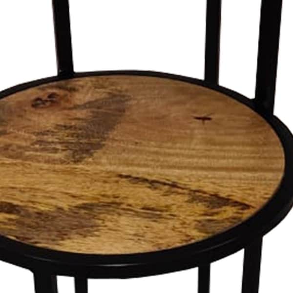 Two Tier Round Wooden Side Table with Metal Frame, Brown and Brass - 13 L X 20 W X 26 H Inches
