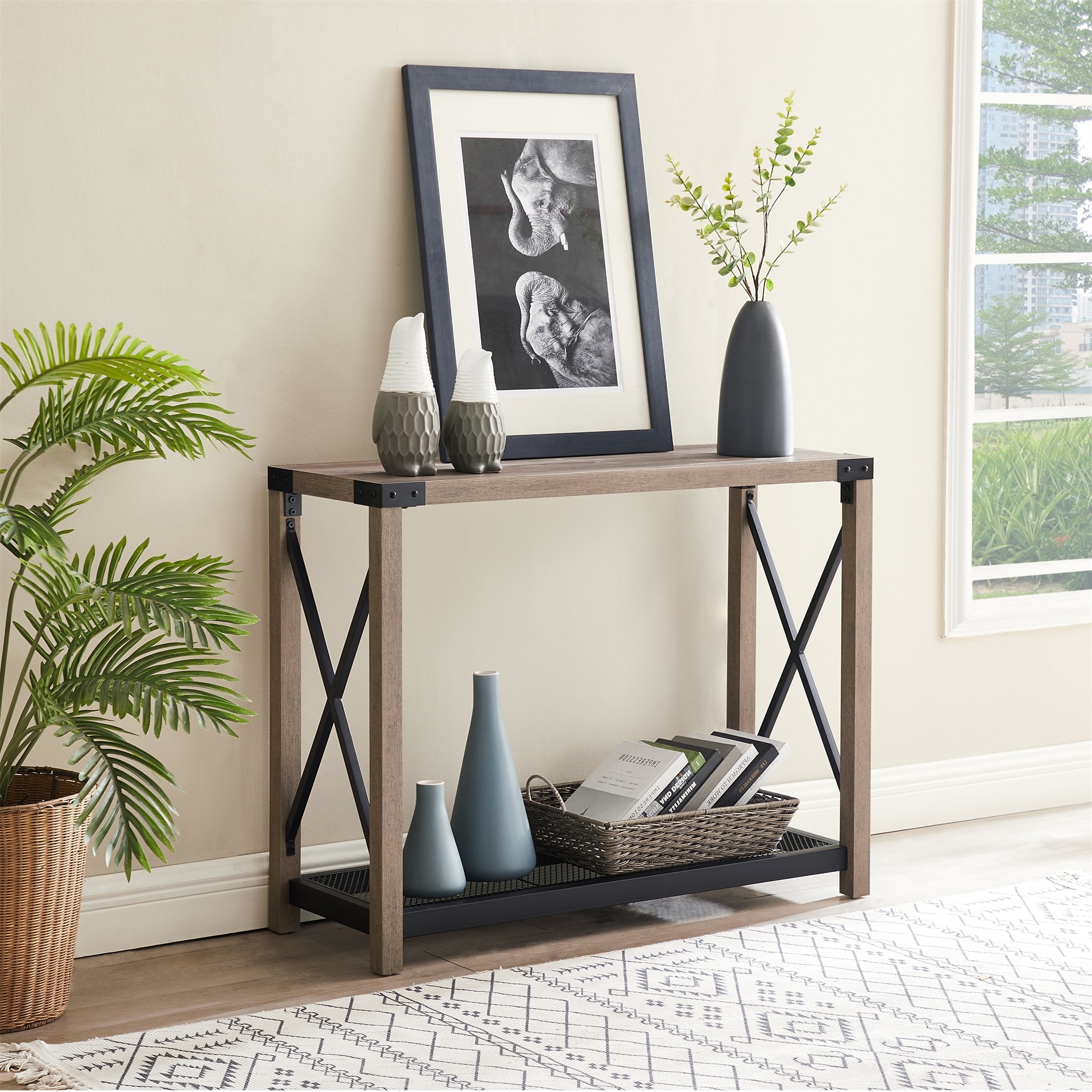 Farmhouse Entry Table, Industrial Sofa Table with 2 Tier Console Table