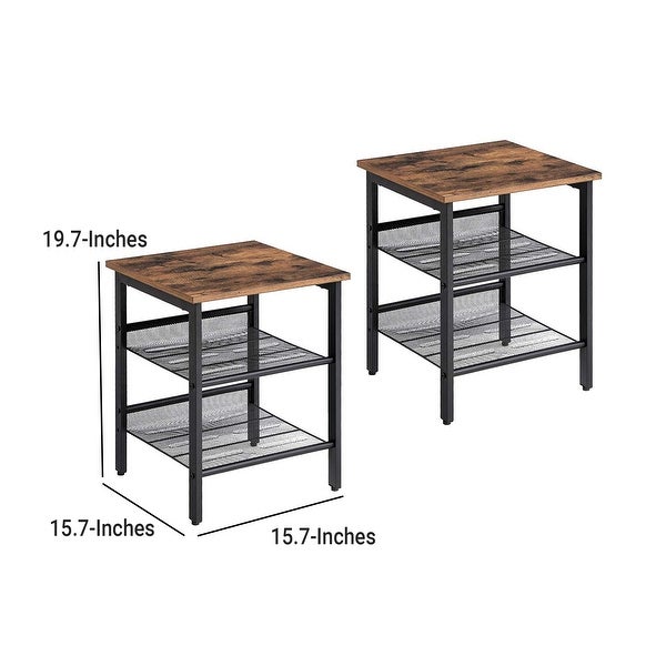 Wooden Side Table with Metal Mesh Shelves, Set of 2, Black and Brown - 19.7 H x 15.7 W x 15.7 L Inches