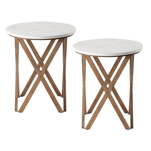 COZAYH Pedestal Farmhouse End Table Set of 2, Distressed White Top with Base for Modern Farmhouse, Boho Decor, Round