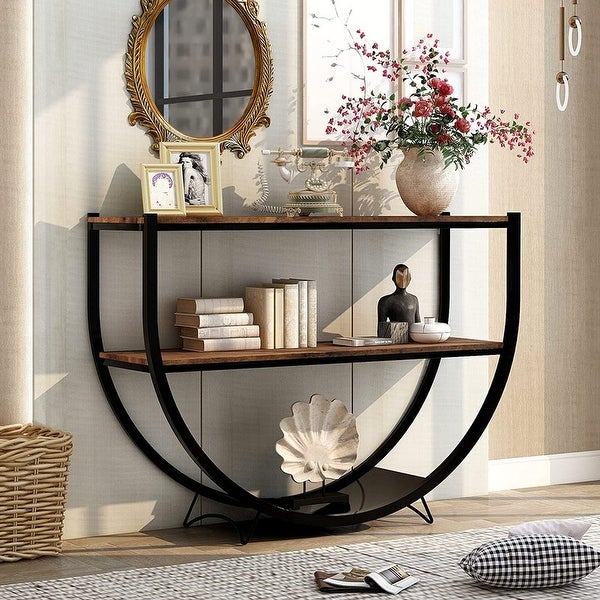 Industrial Sofa Console Table, Metal Demilune Shape Sofa Display Table with Three Shelves, Foyer Table for Hallway, Corridor