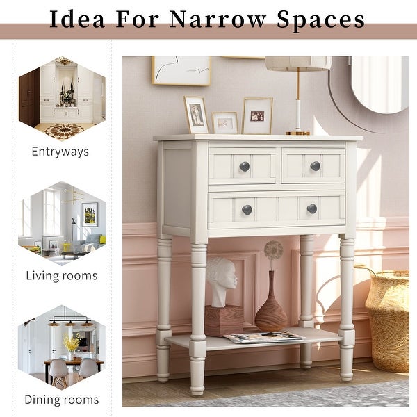 Narrow Console Table with 3 Storage Drawers and Black Round Deco Knobs, Slim Sofa Table with Bottom Shelf, Ivory