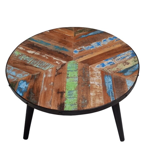 17 Inch Industrial Side Table, Reclaimed Wood, Round Multi Tone Top, Iron Trim, Brown, Black - 22 L x 22 W x 16.5 H Inches