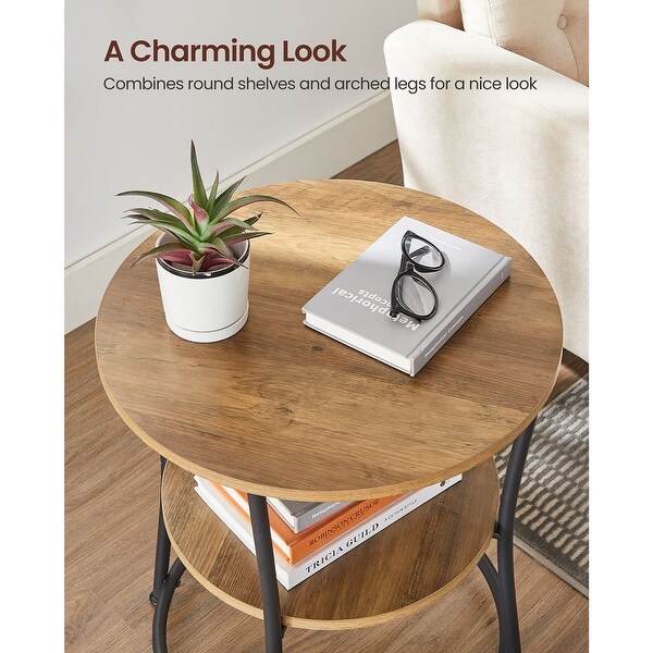 Side Table, Round End Table with 2 Shelves, Living Room, Bedroom, Easy Assembly, Steel Frame, Rustic Walnut and Black