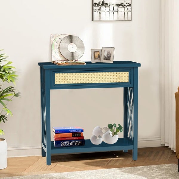 Kinbor Wood Console Table with Rattan Drawer and Bottom Shelf, Modern Sofa Table Entry Hallway Table for Living Room Bedroom