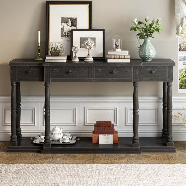Retro Senior Console Table with 4 Front Facing Storage Drawers and a Shelf, Entryway Table for Entryway, Hallway, Living Room