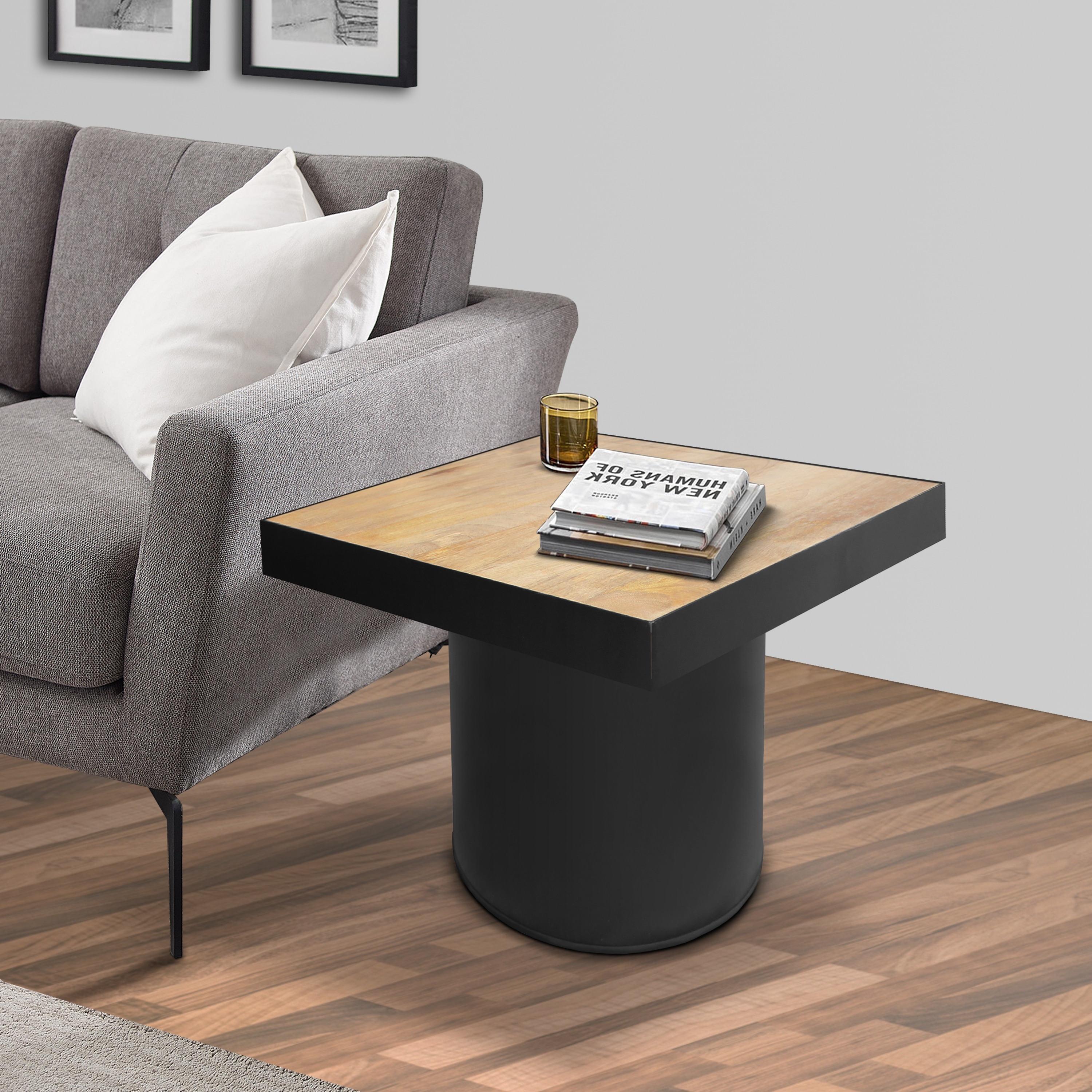 21 Inch Wooden Side Table with Block Metal Base, Brown and Black