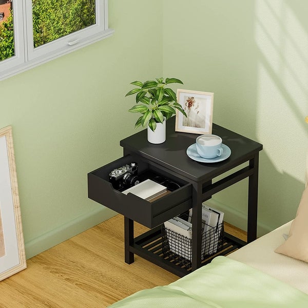 Modern Square End Table with Drawer and Open Shelf, Black