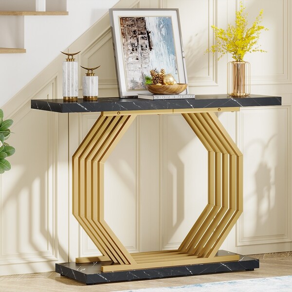 40 Inch Modern Gold Console Table, Faux Marble Entryway Table for Living Room