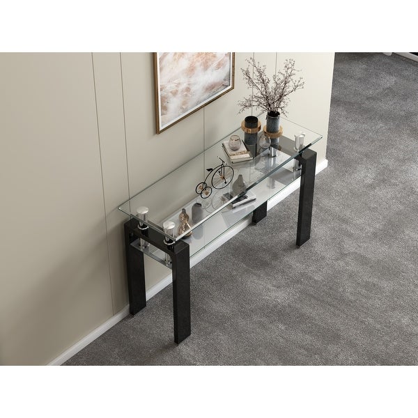 Tempered Glass Top Rectangular Double-Layer Console Table with MDF Legs, For Living Room, Foyer Console Table