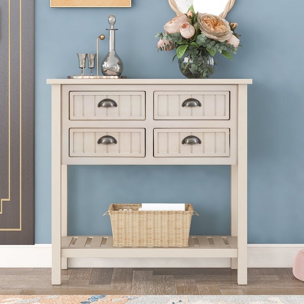 Exquisite Simplicity Sideboard Console Table with 4 Drawers Bottom Shelf, Modern Solid Wood Sofa Table for Living Room and Bedroom