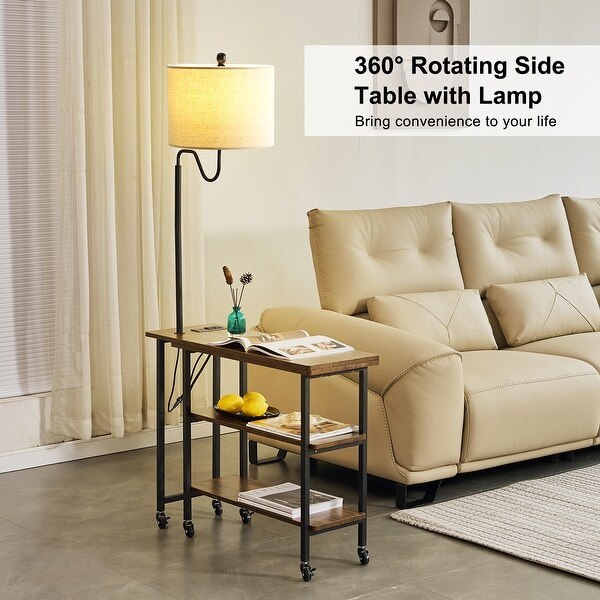 L-shaped Computer Desk with Wheels, Floor Lamp, Shelves,Side Table
