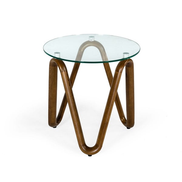 Cid 20 Inch Modern End Side Table, Glass Top, Artisanal Wavy Base, Walnut