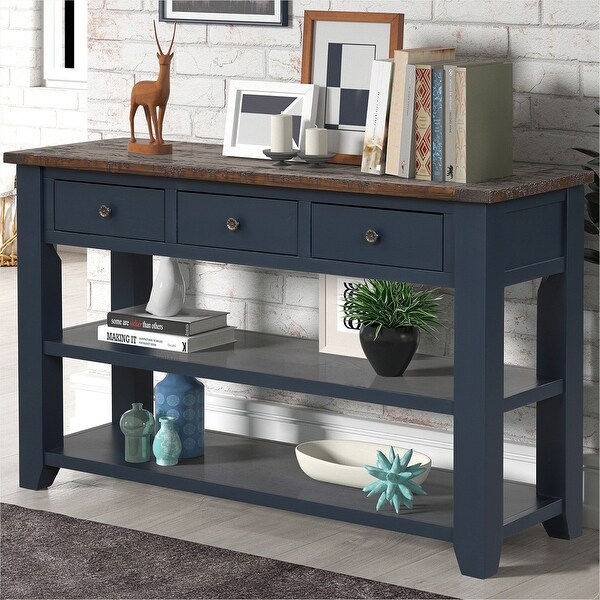 48'' Solid Pine Wood Top Console Table, Modern Entryway Sofa Side Table with 3 Storage Drawers and 2 Shelves. Easy to Assemble