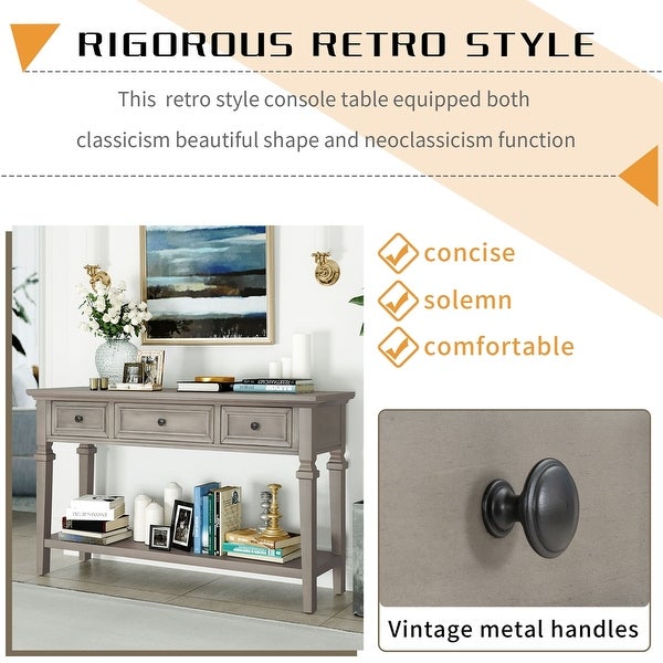Classic Retro Style Console Table with Three Top Drawers and Open Style Bottom Shelf, Easy Assembly