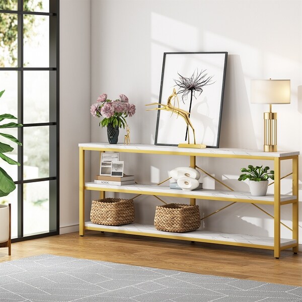 Brown Industrial Extra Long Console Sofa Table,White/ Gold 3 Tiers TV Stand