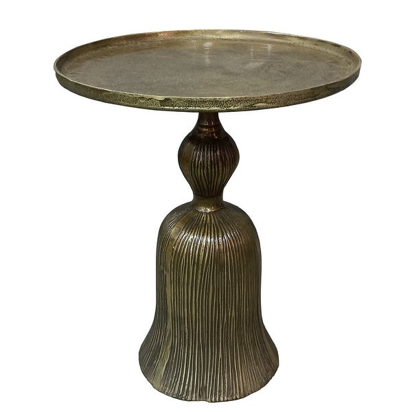 23 Inch Classic Vintage Accent Side Table, Round Tray Top, Aluminum, Pedestal Base, Ridges, Antique Brass