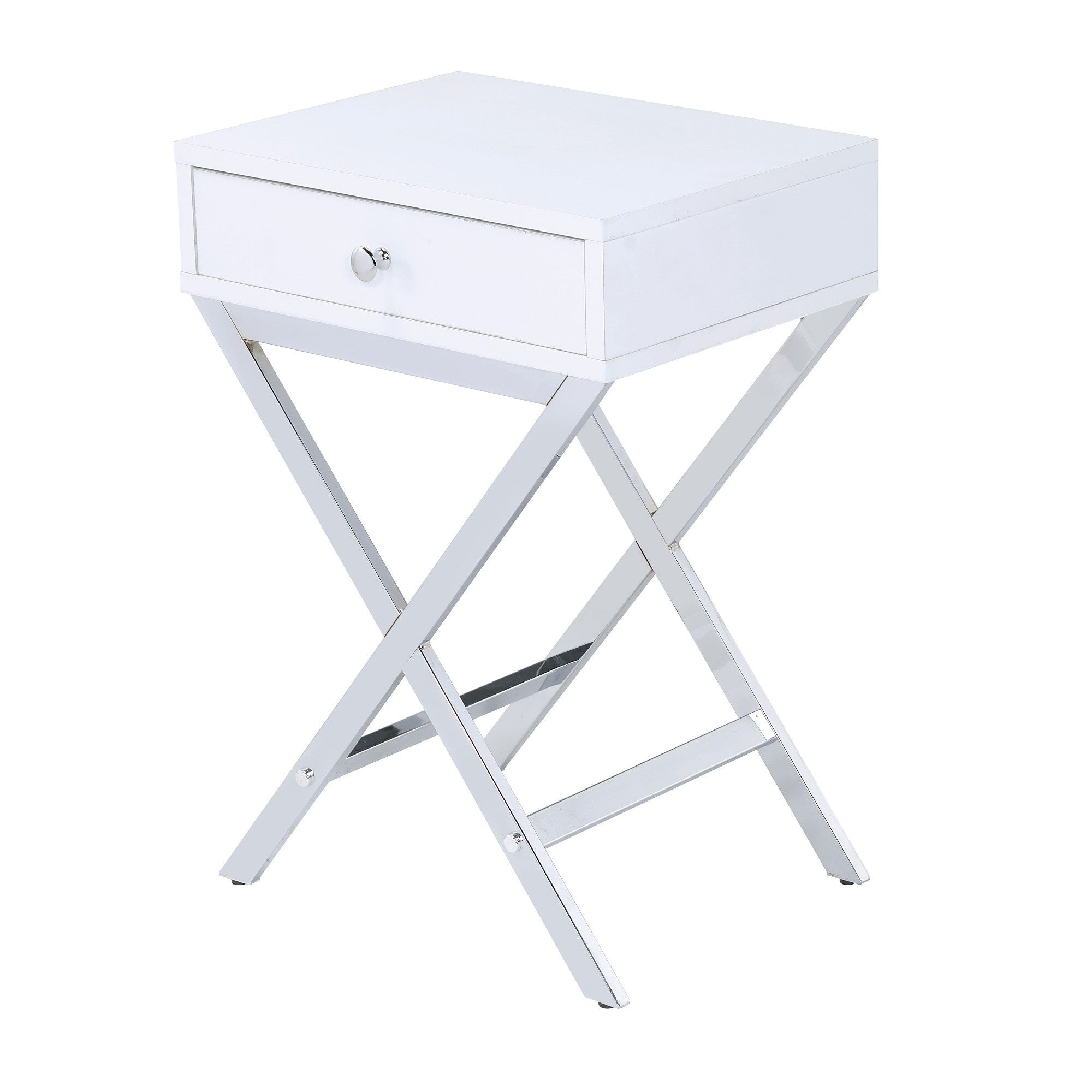 Wood and Metal Side Table with Crossed Base, White and Silver
