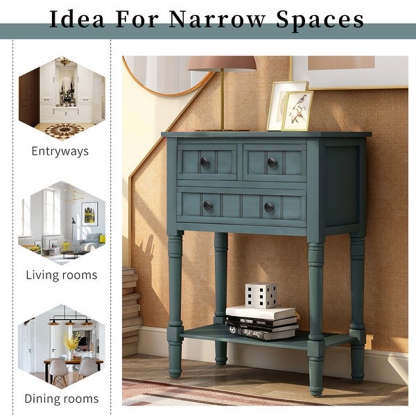 Narrow Console Table with 3 Storage Drawers and Black Round Deco Knobs, Slim Sofa Table with Bottom Shelf, Navy