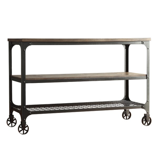 Avery Industrial Wood and Metal Console Table with Wheels, Black/Brown Finish
