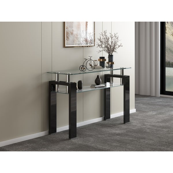 Tempered Glass Top Rectangular Double-Layer Console Table with MDF Legs, For Living Room, Foyer Console Table