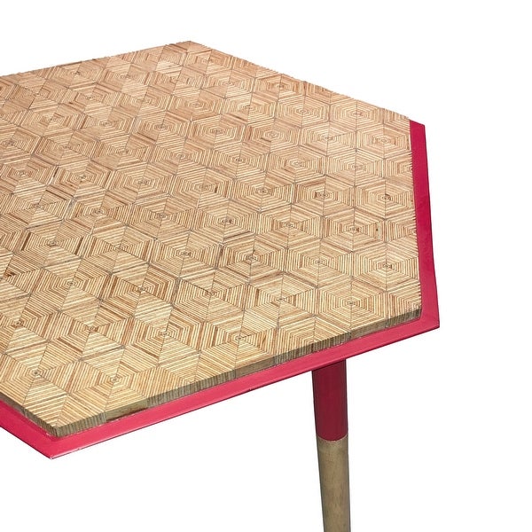 Paige 18 Inch Hexagon Illusion Wood Side Table, Brown, Red