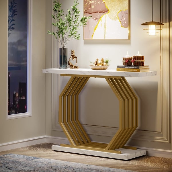 Gold Console Table, Faux Marble Entryway Table Narrow Sofa Table, 40 Inch Modern Accent Table Entrance Table for Living Room