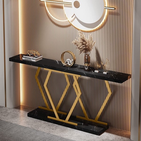 Modern Console Table, 70.9 Inch Extra Long Sofa Table with Faux Marble Tabletop Base Gold Frame for Living Room, White Gold