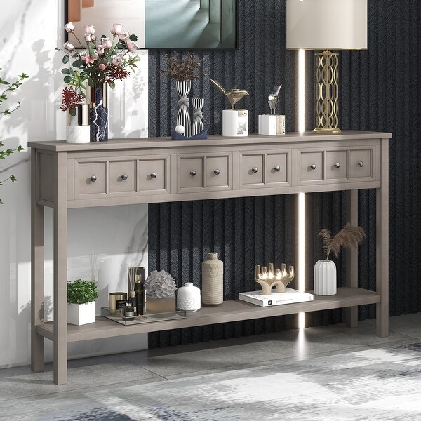 Rustic Elegant Console Table with 2 Different Size Drawers and Bottom Shelf for Storage, 60