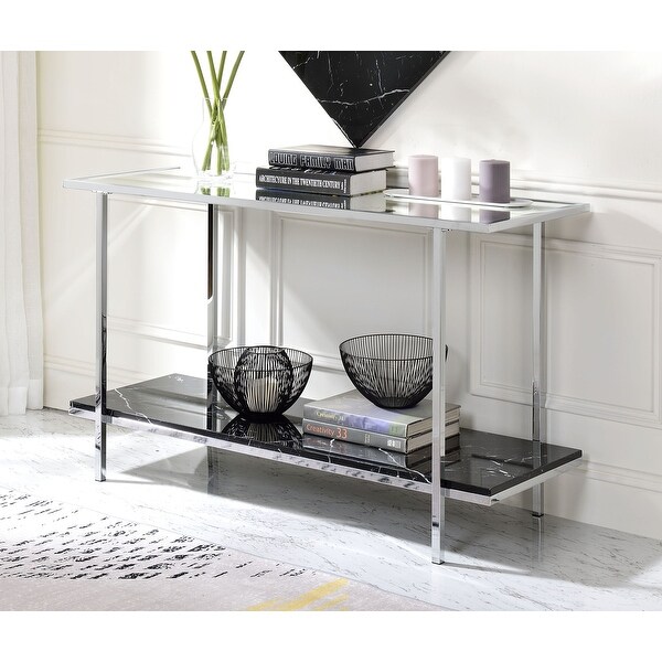 Open Compartment Rectangular console table, Mirrored, Faux Marble and Chrome