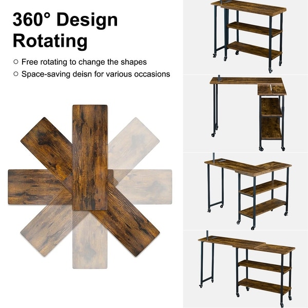 L-shaped Computer Desk with Wheels, Floor Lamp, Shelves,Side Table