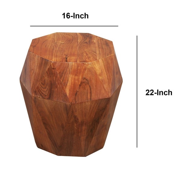 Bon 22 Inch Artisanal End Side Table, Multifaceted Solid Acacia Wood, Octagon Top, Warm Brown