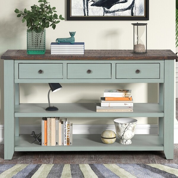 48'' Solid Pine Wood Top Console Table, Modern Entryway Sofa Side Table with 3 Storage Drawers and 2 Shelves