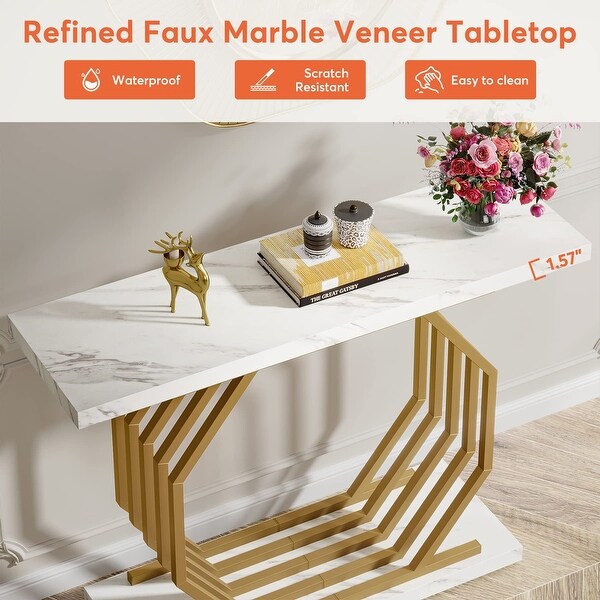 Gold Console Table, Faux Marble Entryway Table Narrow Sofa Table, 40 Inch Modern Accent Table Entrance Table for Living Room