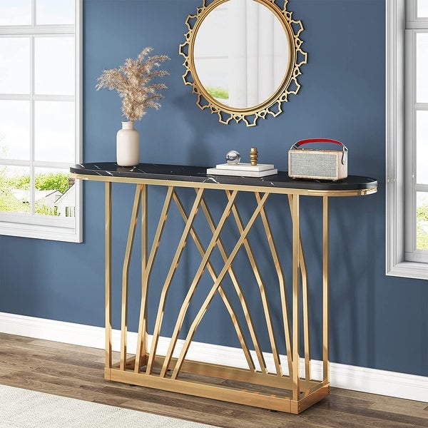 Luxurious Gold Console Table, Faux White Marble and Metal