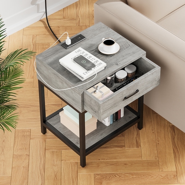 Nightstand-Bedside Table with Charging Station Type-CandUSB Ports, Modern End Table