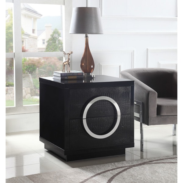 Chic Home Norcia Nightstand Side Table Crocodile Lacquer Finish with 2 Self Closing Drawers, Modern Contemporary