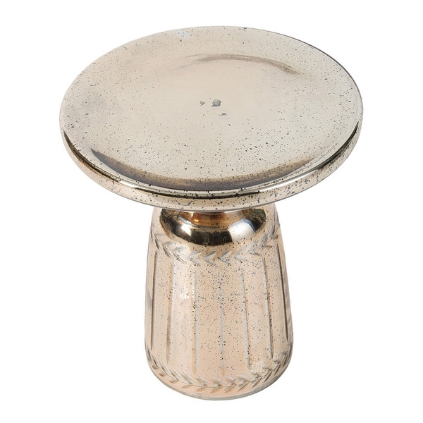 Liv 18 Inch Side Table, Laurel Accent Trimmed Edge, Round Glass Top, Gold